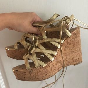 Aldo Gold Lace Up Wedge Sandal Shoe